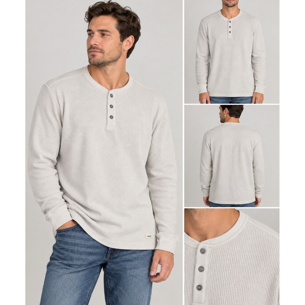 Vuori Mens V1049 Waffle Henley Long Sleeve Shirt Light Gray Size L